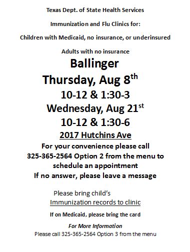 Ballinger Shot Clinic Aug